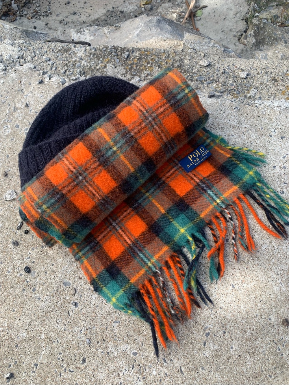 POLO RALPH LAUREN Made in Italy Orange Green Plaid Fringe Wool Scarf 54"